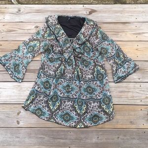New Directions Paisley ruffle blouse bell sleeves sz Large Green brown
